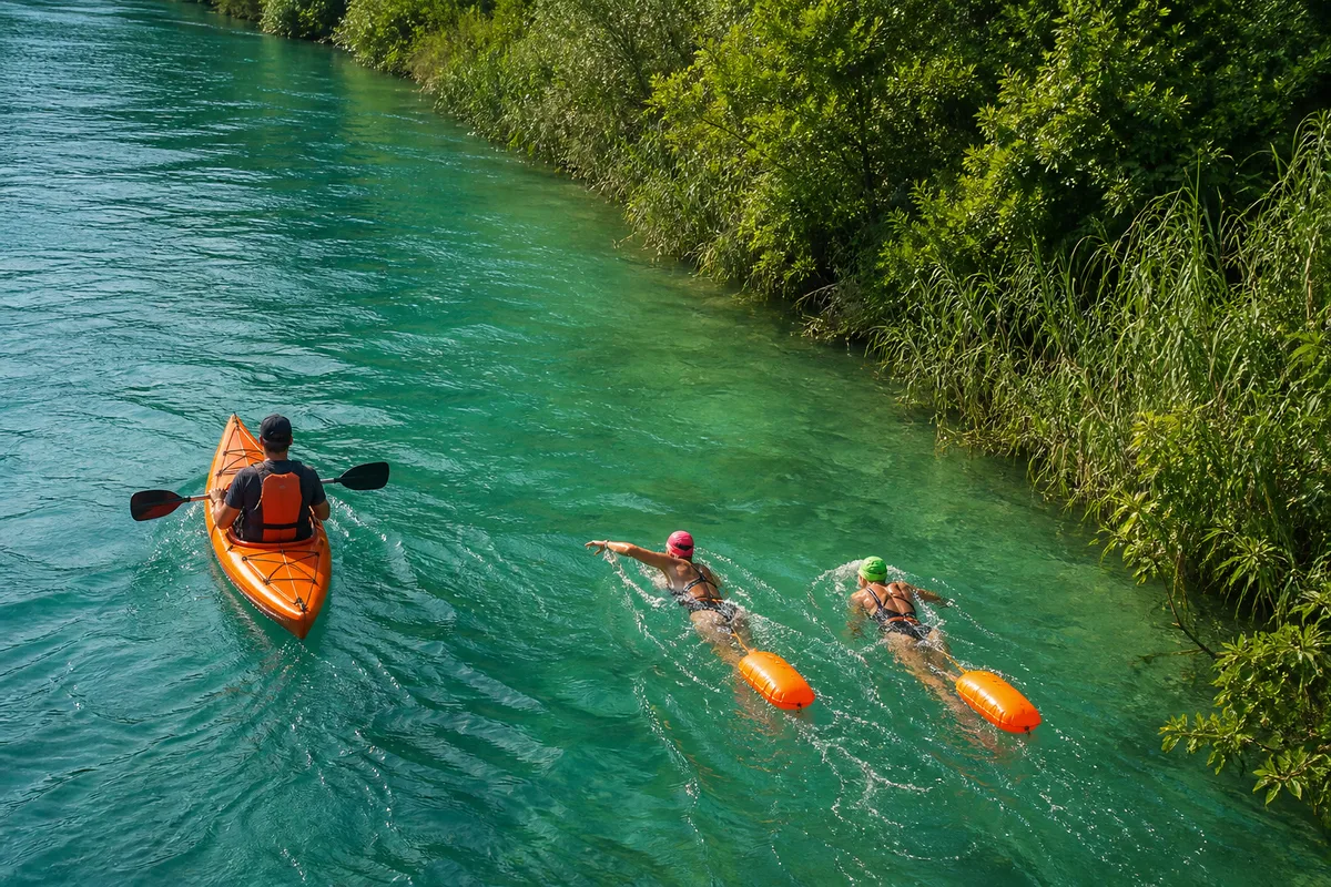 Deux nageurs progressant côte à côte le long d&rsquo;une berge, accompagnés par un kayak de sécurité orange sur une eau calme