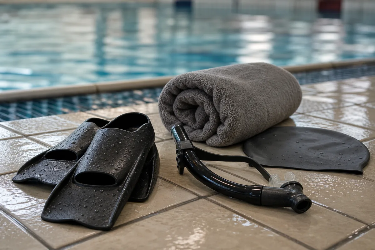Palmes courtes et tuba frontal posés au bord d’un bassin de piscine