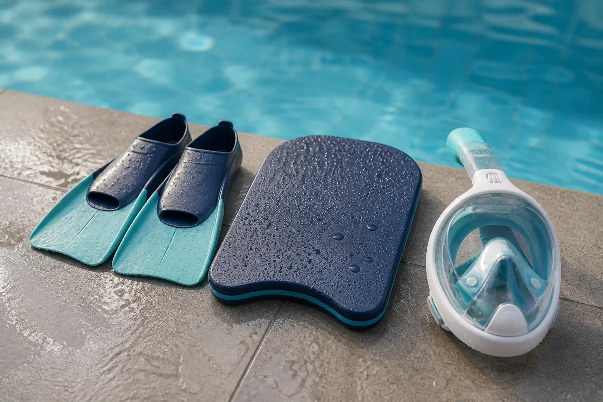Paire de palmes courtes en silicone posées au bord d&rsquo;un bassin, reflets de l&rsquo;eau sur le carrelage