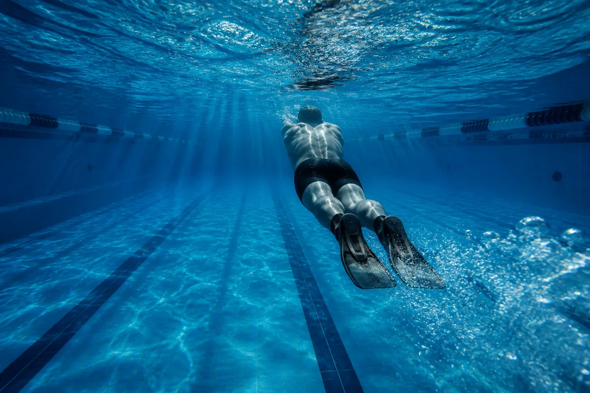 Nageur vu de dos en ondulation sous l&rsquo;eau, palmes courtes aux pieds, traînée de bulles dans un bassin bleu